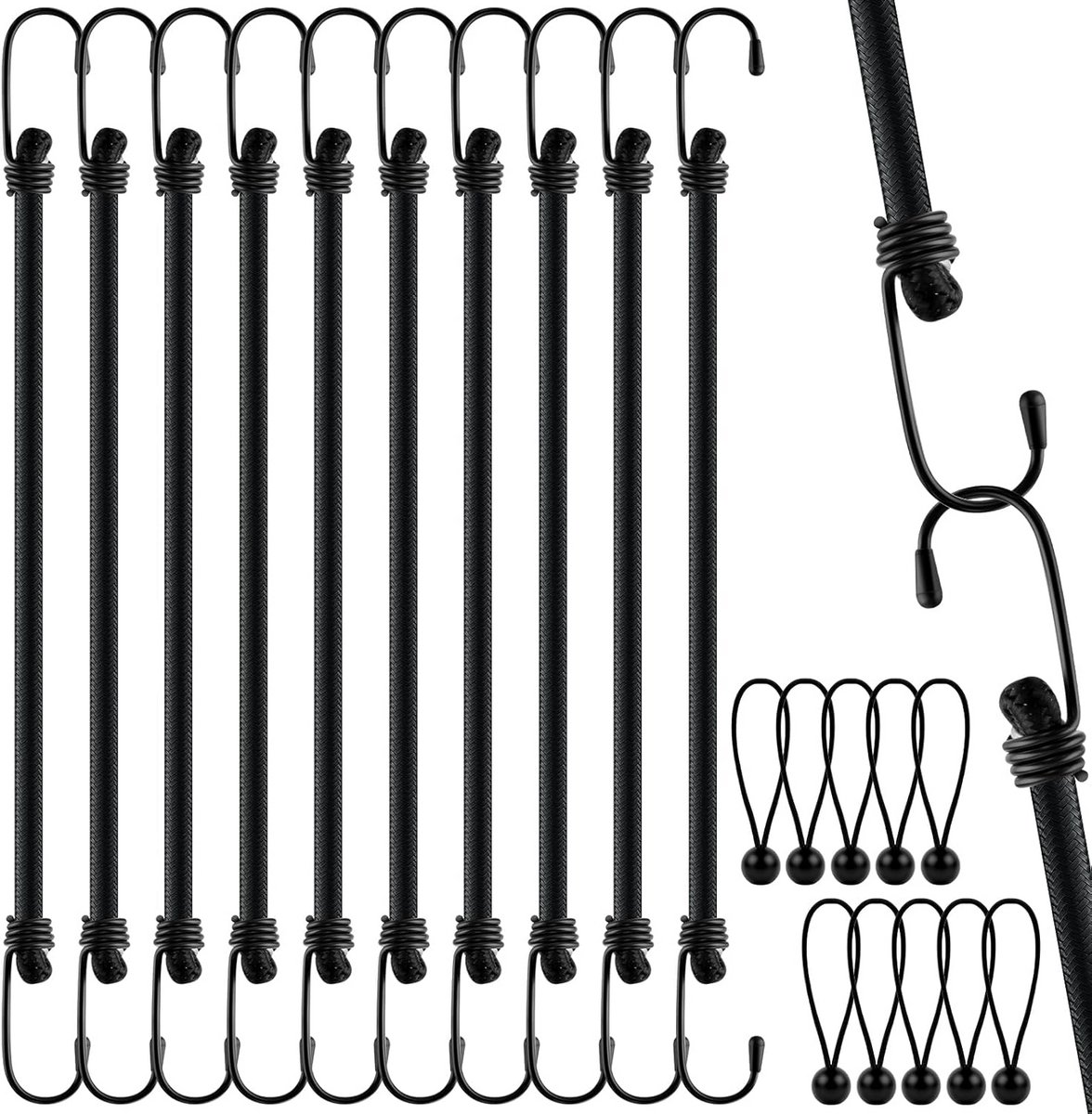 Set van 10 elastische spanrubbers met haken voor laadzekering - 60 cm zwart