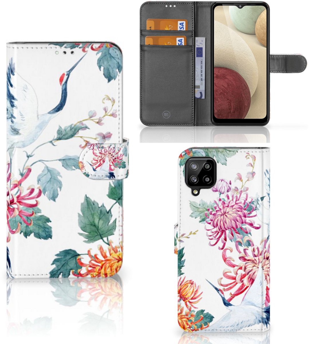 Samsung Galaxy A12 Telefoonhoesje met Pasjes Bird Flowers