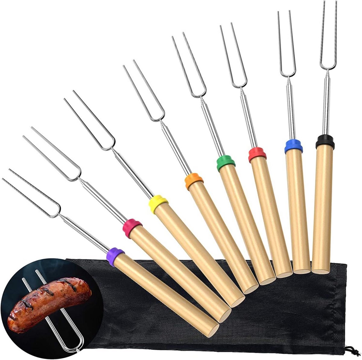 Set van 8 Uitschuifbare Barbecue Vorken voor Marshmallows en BBQ