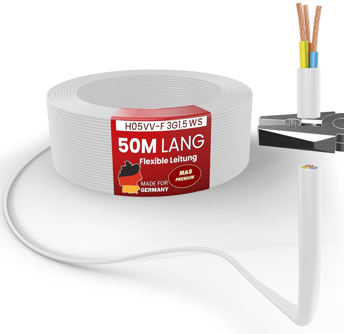Flexibele Kunststof Slangkabel H05VV-F 3G1,5 Wit 50 Meter voor Binnen en Buiten Installatie