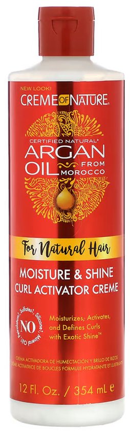 Rode fles met CRÈME DE NATURE ARGAN OIL logo. Arganolie uit Marokko vocht en glans krul activator crème voor natuurlijk haar.