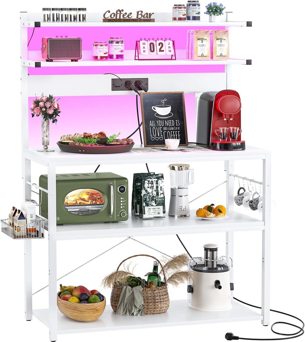 Keukenrek met Magnetronstandaard, 5 Planken, Stopcontacten en LED Verlichting