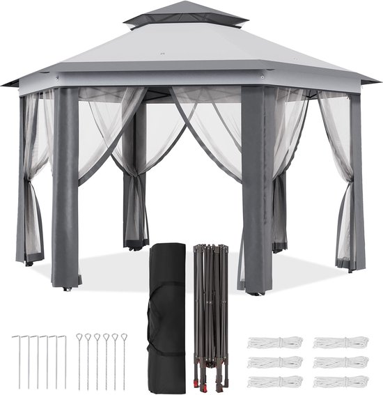 HoerFuriy Partytent 4x4m - Pop-up Paviljoen Hexagonaal met Muggennet - UV-bestendig & Verstelbaar - Dubbel Dak - Grijs