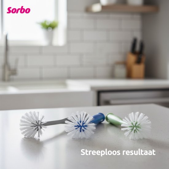 Drie Sorbo afwasborstels: grijze, blauwe en lichtgroene. "Streeploos resultaat"