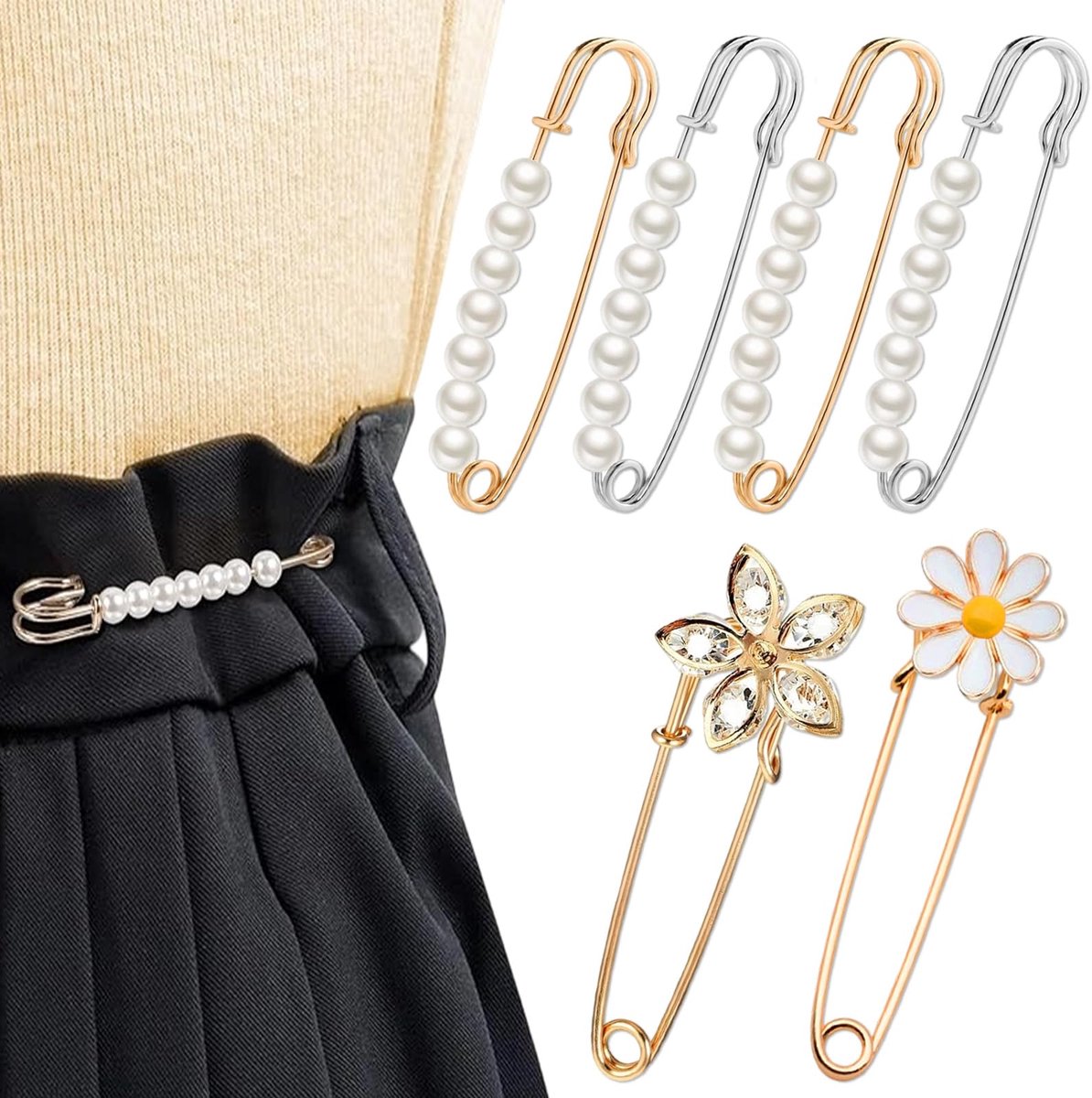 Veiligheidsbroche Set van 6 - Grote Veiligheidspinnen met Bloemmotief - Goud en Zilver - Duurzaam Zinklegering - 7-7,5 cm