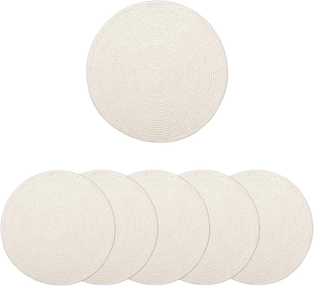 Set van 6 Ronde Placemats Katoen - 33cm Diameter - Handgemaakt en Niet-Ravelend Wit