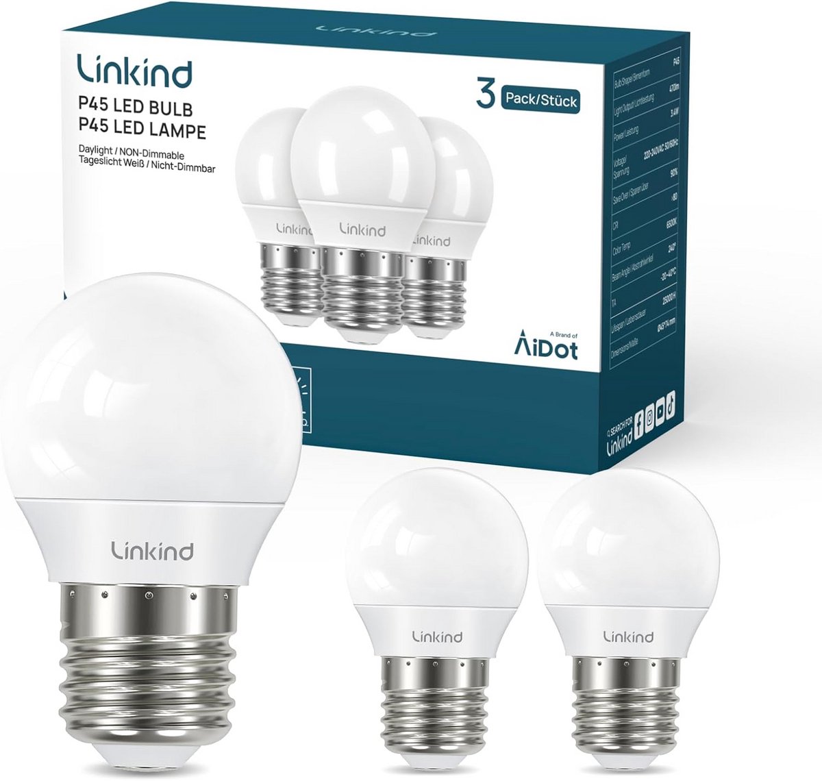 Set van 3 LED Lampen E27 Golf P45 Warm Wit 470 Lumen Dimbaar Licht