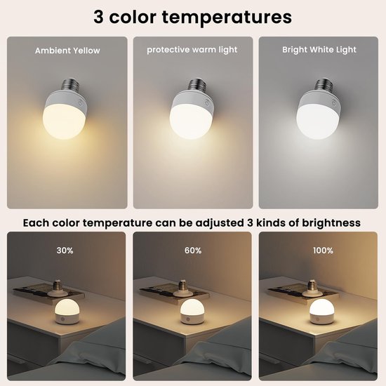 2 stuks oplaadbare gloeilampen met afstandsbediening, timer en 3 kleurtemperaturen - E27 magnetische oplaadbare gloeilamp op batterijen — afbeelding 2