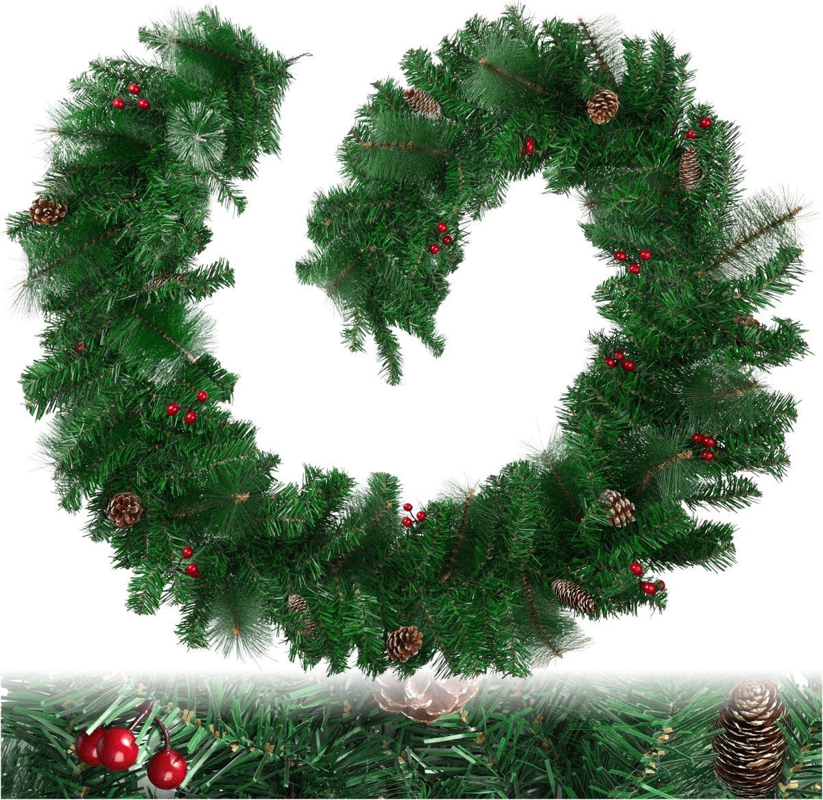 tectake® Kerstslinger met Ballen, Bessen en Dennenappels - Voor Binnen en Buiten - Gedetailleerd en Levensecht - Ophanglus - 270 cm - Groen