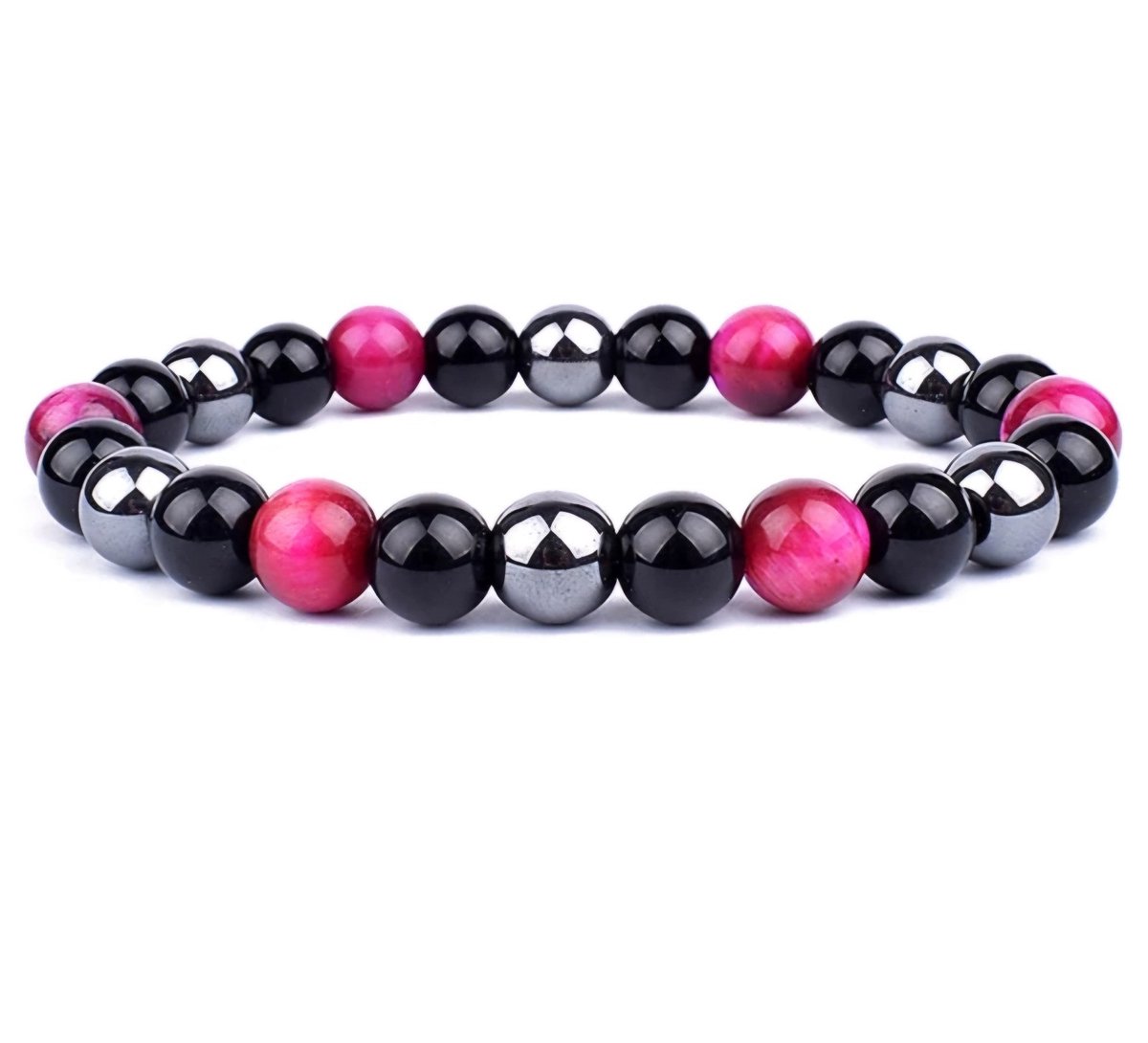 S4H Triple Protection roze Tijgeroog / Hematiet/ Obsidian Edelstenen armband 8mm kralen / size 18 cm