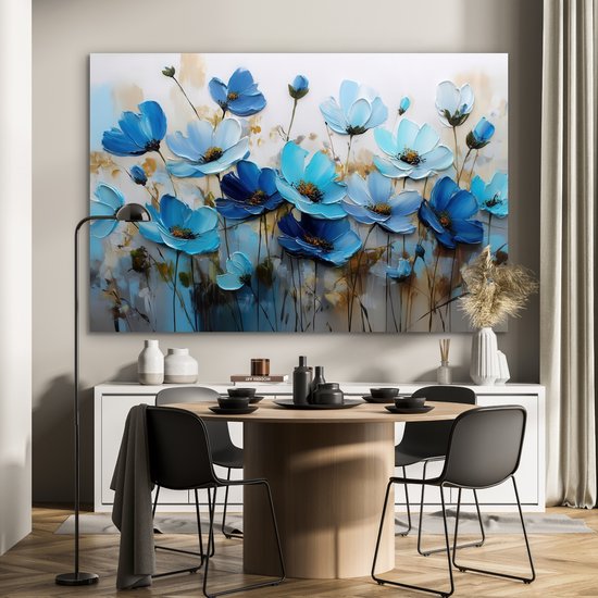 Aluminium schilderij 150x100 cm - Wanddecoratie metaal - Bloemen - Schilderij - Blauw - Metalen muurdecoratie woonkamer - Decoratie industrieel - Foto op dibond - Industriële accessoires slaapkamer