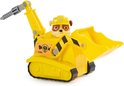 Gele PAW Patrol Rubble speelgoedbulldozer met beweegbare graafarm en figuurtje van Rubble met veiligheidshelm.
