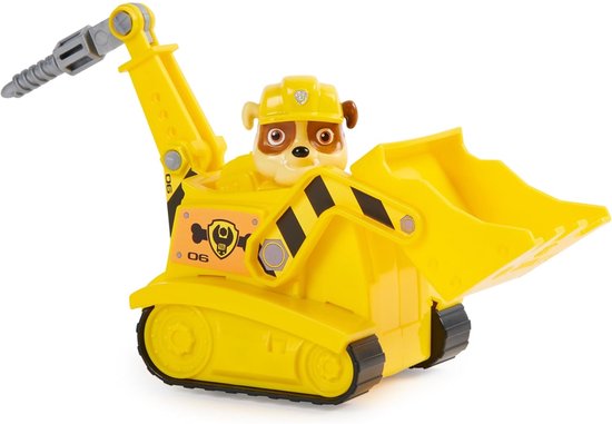Gele PAW Patrol Rubble speelgoedbulldozer met beweegbare graafarm en figuurtje van Rubble met veiligheidshelm.