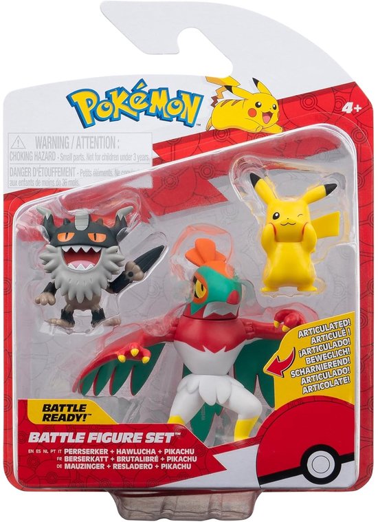 Jazwares Pokémon Battle Figure Set 3-Pack Pikachu #8, Perrserker, Hawlucha 5 cm Action Figuur