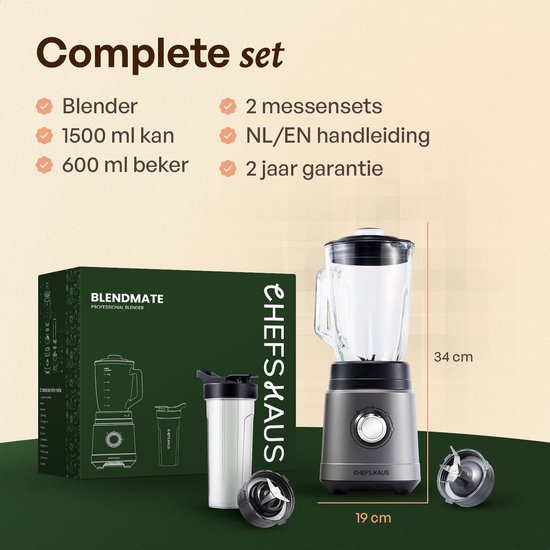 CHEFSHAUS Kitchen Blender - 1,5L Glas & 700ml To-Go beker - Grijs/Zwart - 1200W Smoothie maker - BPA-vrij van CHEFSHAUS — afbeelding 5