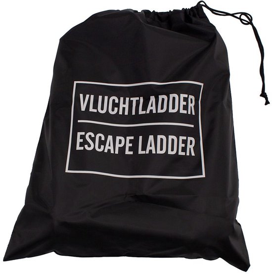 Zwarte opbergzak met 'VLUCHTLADDER ESCAPE LADDER' in witte letters.