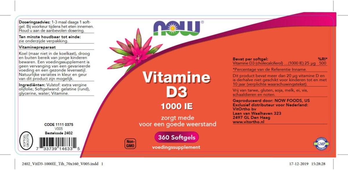 NOW - Vitamine D3 1000 Ie - 2 x 360 stuks - Voordeelverpakking