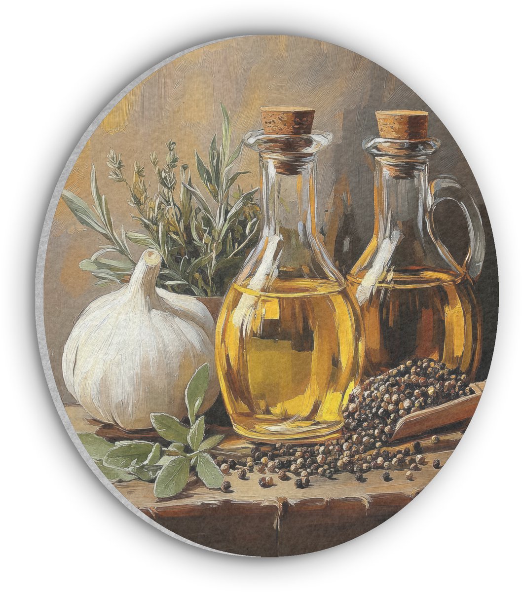 Akoestisch wandpaneel rond 30x30 cm - Vilt schilderij Stilleven - Olijfolie - Knoflook - Kruiden - Ronde akoestische panelen - Geluidsdempende wanddecoratie - Geluidsisolatie wandcirkel - Muurdecoratie geluidspanelen