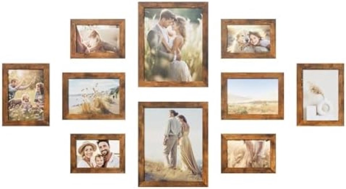 PromoHome 10-delige Fotolijstenset Vintage Bruin - Muur en Tafel Fotolijsten Set met 10 Lijsten voor 20x25 cm, 13x18 cm en 10x15 cm Foto's - Inclusief Ophangmaterialen