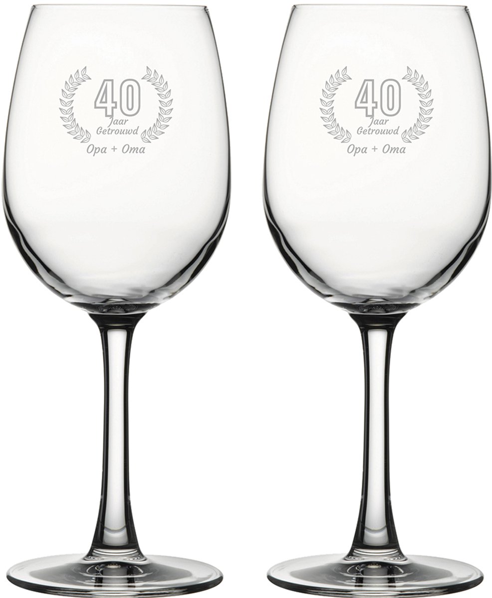 Gegraveerde set witte wijnglazen 36cl Opa + Oma 40 jaar getrouwd