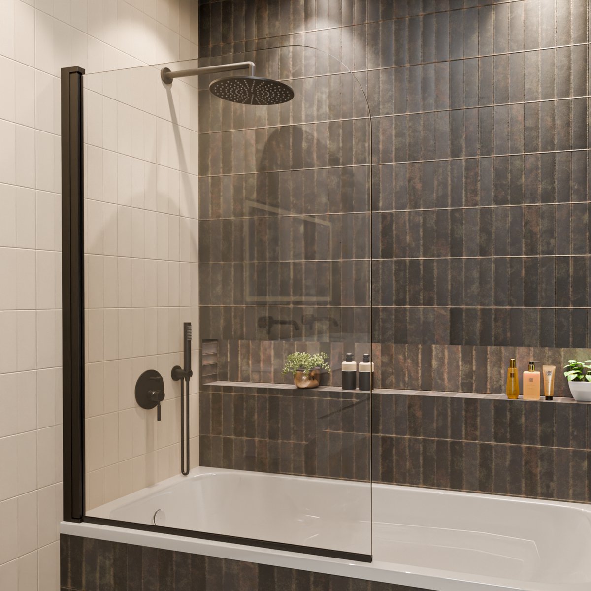 Lomazoo Badwand Palmas - 100x140cm - Zwart - Nano Coating Anti-kalk - Draaibaar - Helder Glas