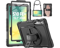 Hoes met ingebouwde Screenprotector Geschikt voor Samsung Galaxy Tab S10 FE+ Plus Tablet Case 13.1 inch hoes Extreme Armor met screenprotector, Schouderiem, Handriem en Pencilhouder hoes - voor Horeca en Bouw - Zwart