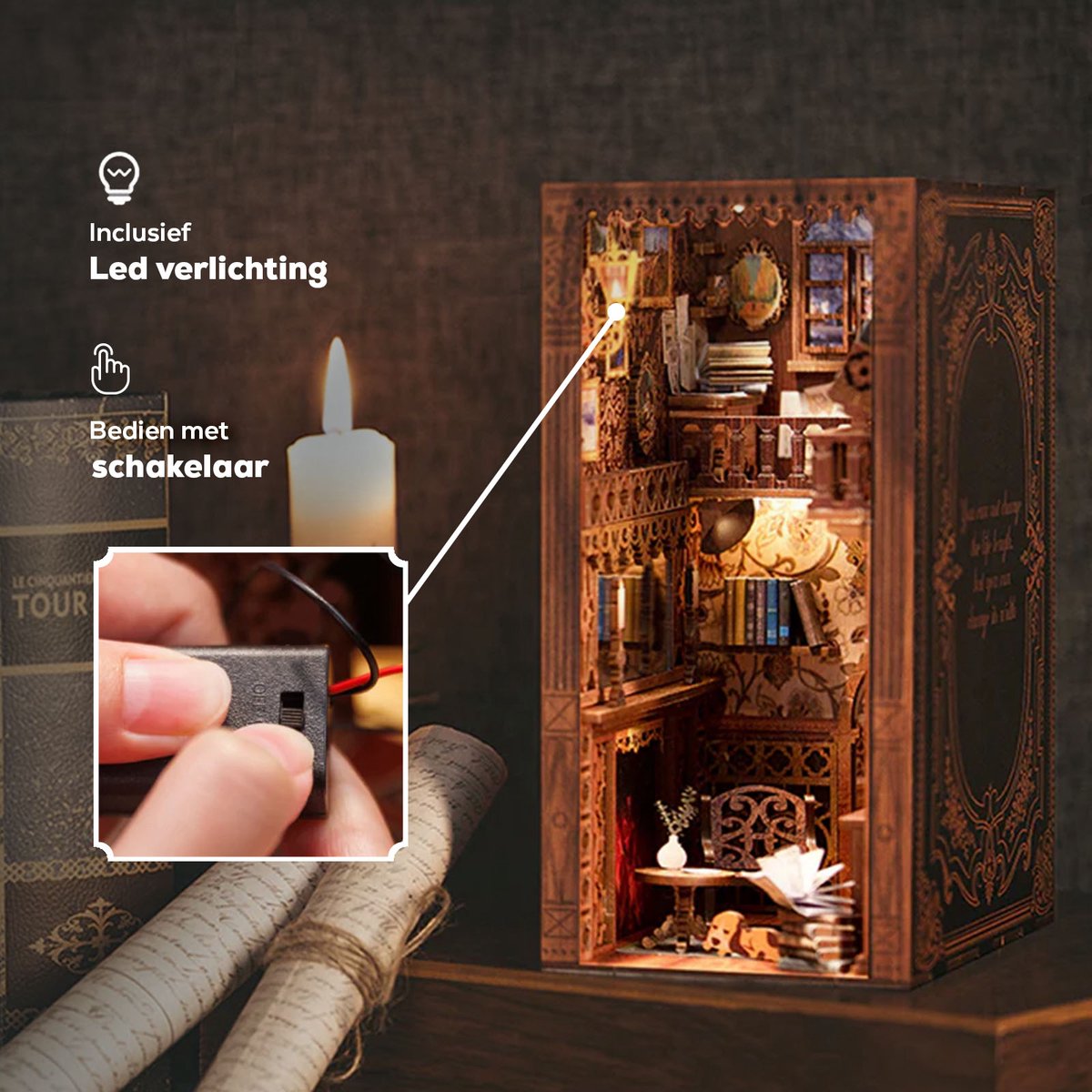 CuteBee Book Nook - Modelbouw - Houten 3D Puzzel - DIY Bouwpakket Volwassenen en Volwassenen - Boekensteun - Boekenhouder - Eternal Bookstore — afbeelding 3