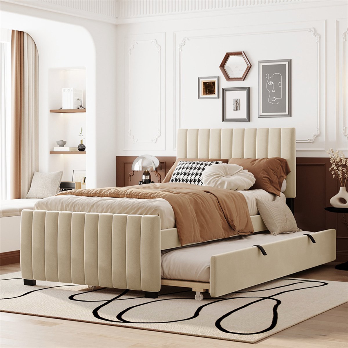 YEHTOKHOME Gestoffeerd bed met uitschuifbed, 90 x 190 cm, Fluweel bekleding, Familiebed, Eenpersoonsbed, Kinderbed, Beige, Zonder matras