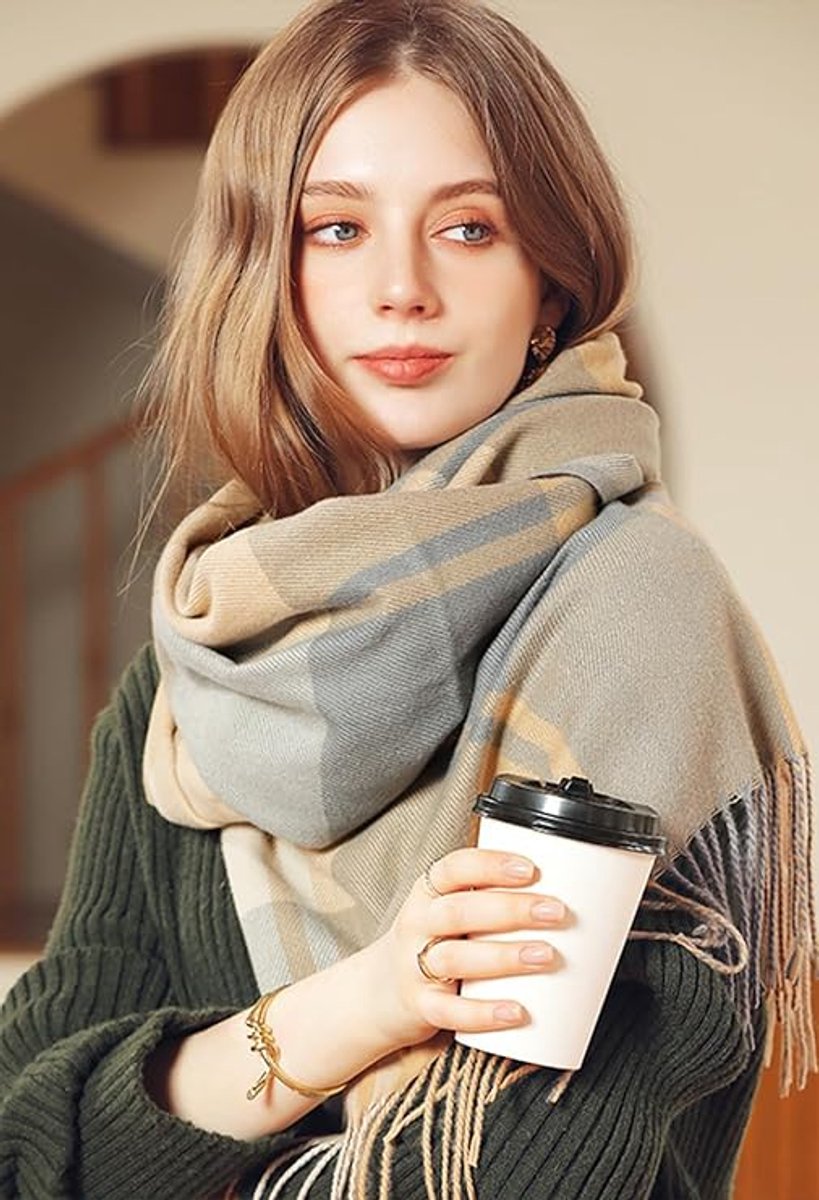 Sjaal, dames, winter, geruit, lang, zacht, kwastjes, kunstkasjmier, wikkeldoek , geel