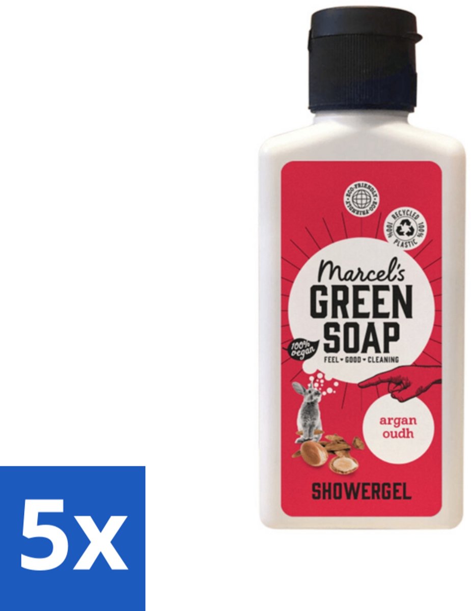 5 x Marcel's Green Soap - Douchegel - Argan & Oudh Mini - Krachtige werking - 100 ml - Douchegel Argan Oudh Mini - Natuurlijke Douchegel - Biologische Douchegel - Vegan Douchegel - Milieuvriendelijke Douchegel