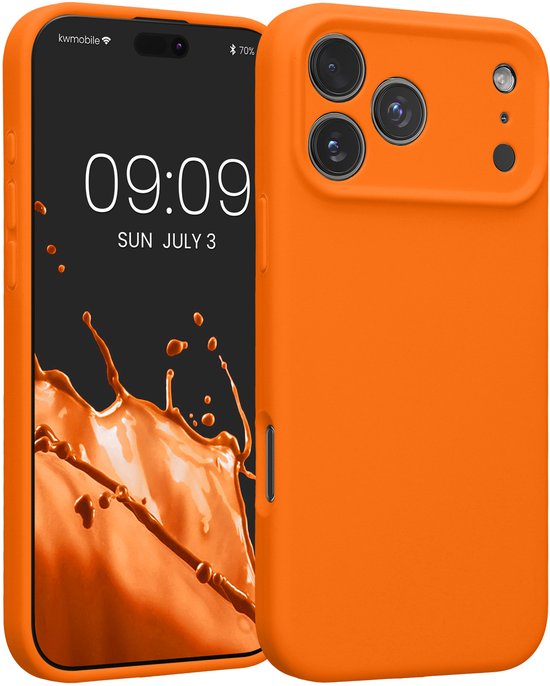 Coque de téléphone orange pour iPhone 17 Pro Max, à côté de son écran.