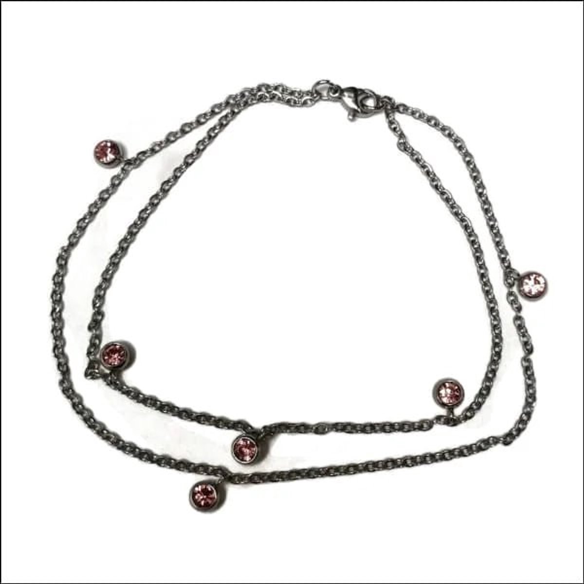 Aramat Jewels | Enkelbandjes | Dubbel Enkelbandje met Zirkonia Steentjes | Roze | |3mm | Staal | Volwassenen | Verkleurd niet