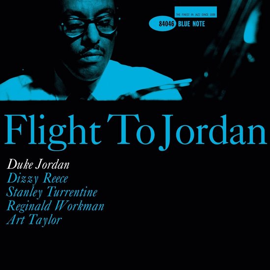 Albumhoes met de titel 'Flight To Jordan' en de artiest Duke Jordan, met een portret van Duke Jordan.