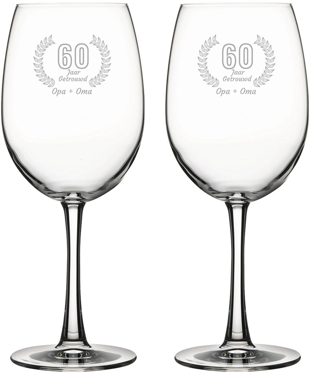 Gegraveerde set rode wijnglazen 58cl Opa + Oma 60 jaar getrouwd