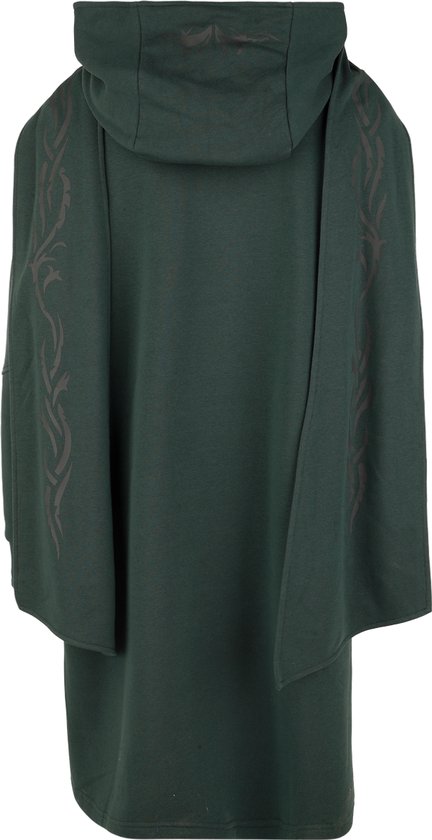 Donkergroene gebreide cardigan met capuchon en zwarte tribal-print op de mouwen en capuchon.