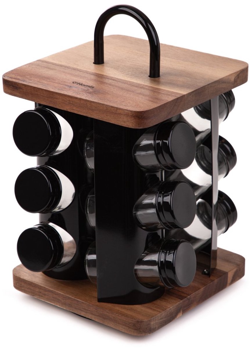 HOMLA - Spice rack set - 12 jars - Swivel stand with handle - 28x16x16 cm