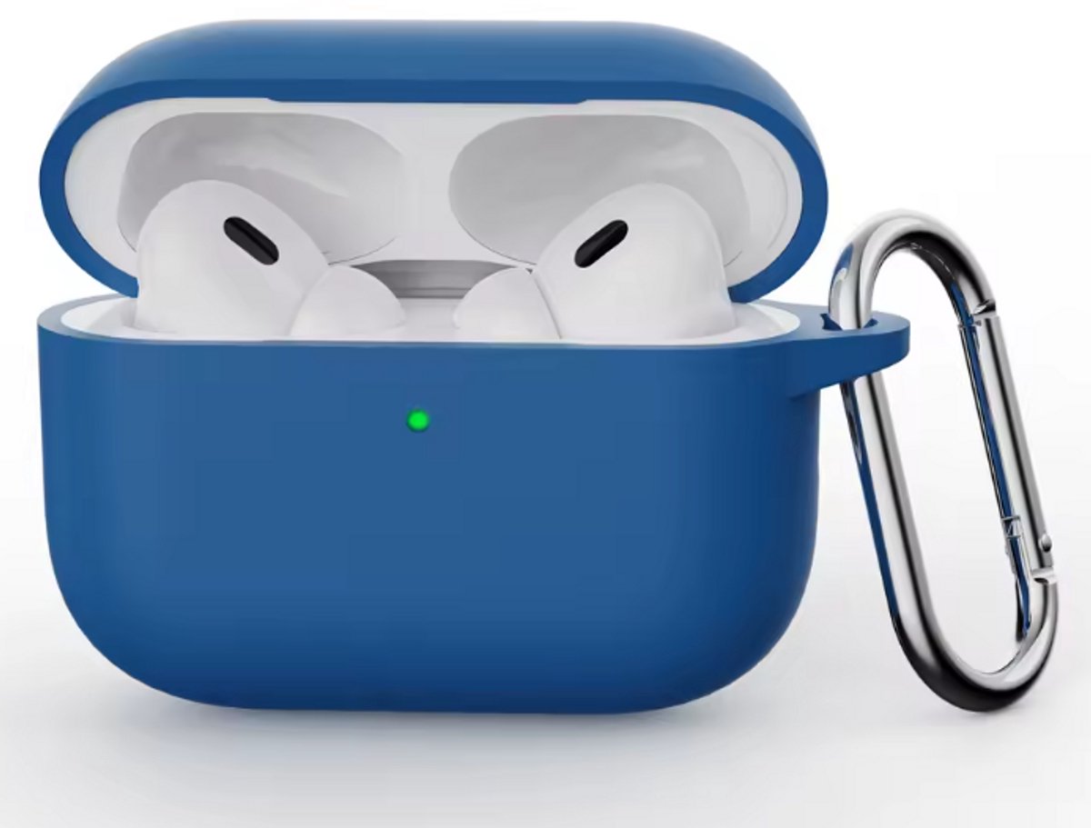 Hoesje Geschikt voor AirPods Pro 3 - Donker Blauw - Casemania Liquid Siliconen Bescherm Hoes met Bevestigingslus & Karambijnhaak