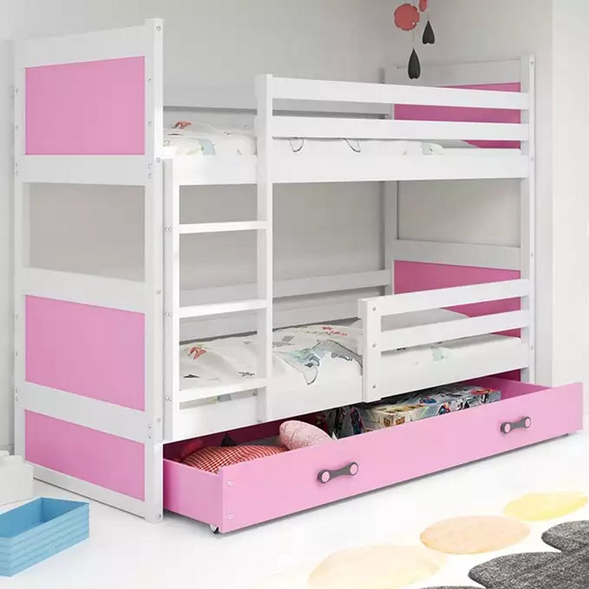 BMS - Loft Youth Bed - 90x200 cm - Wit & Roze - Inclusief Lade