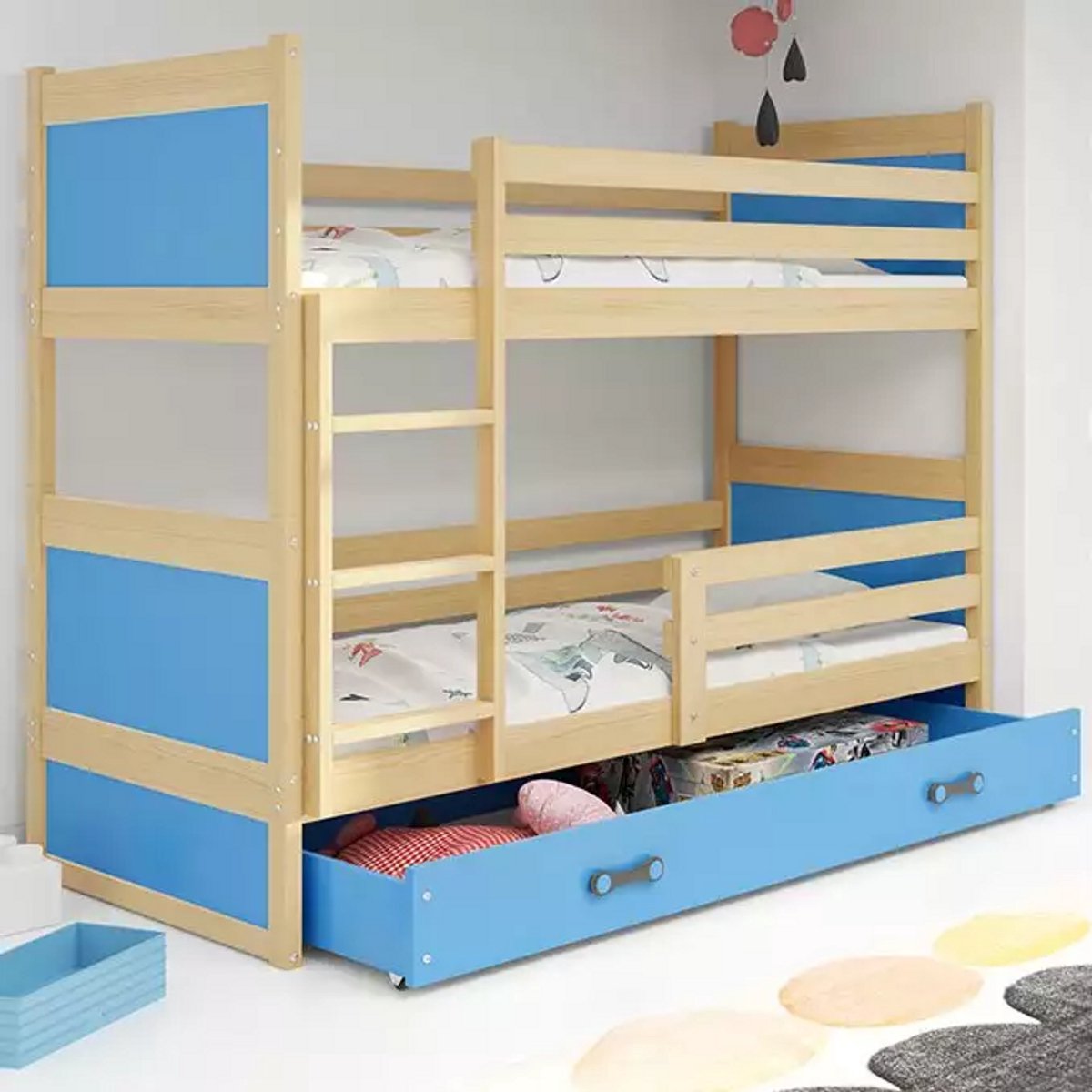 BMS - Jeugd Loft Bed - 90x190 cm - Pine/Blauw