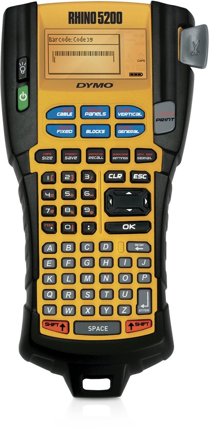 DYMO Rhino 5200 labelprinter met oranje toetsenbord, QWERTY-indeling, display en printknop.