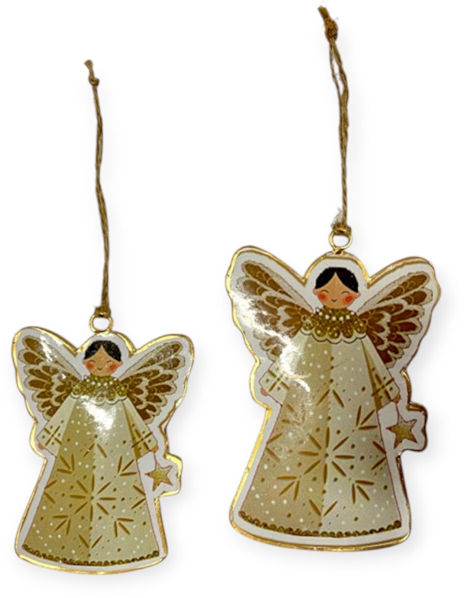 Home Society - Set van 2 - Hangornamenten - Engel - Metaal - Goud/Creme - 13 en 10.5cm