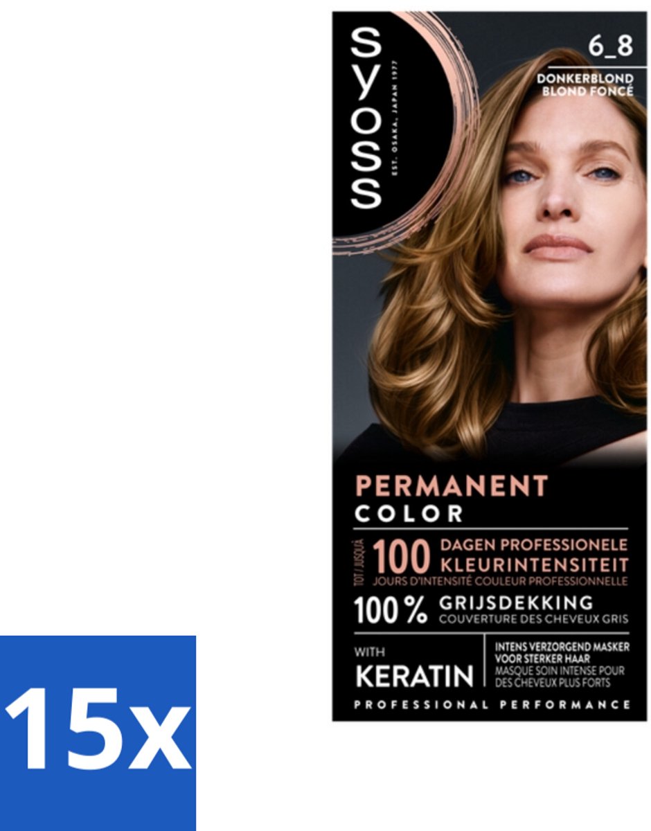 15 x SYOSS - Permanent Coloration 6-8 - Haarverf - Permanente Haarkleuring - Donkerblond - Grijsdekking - Permanente Haarkleuring - Donkerblond - Grijsdekking - Keratine - Haarkleur