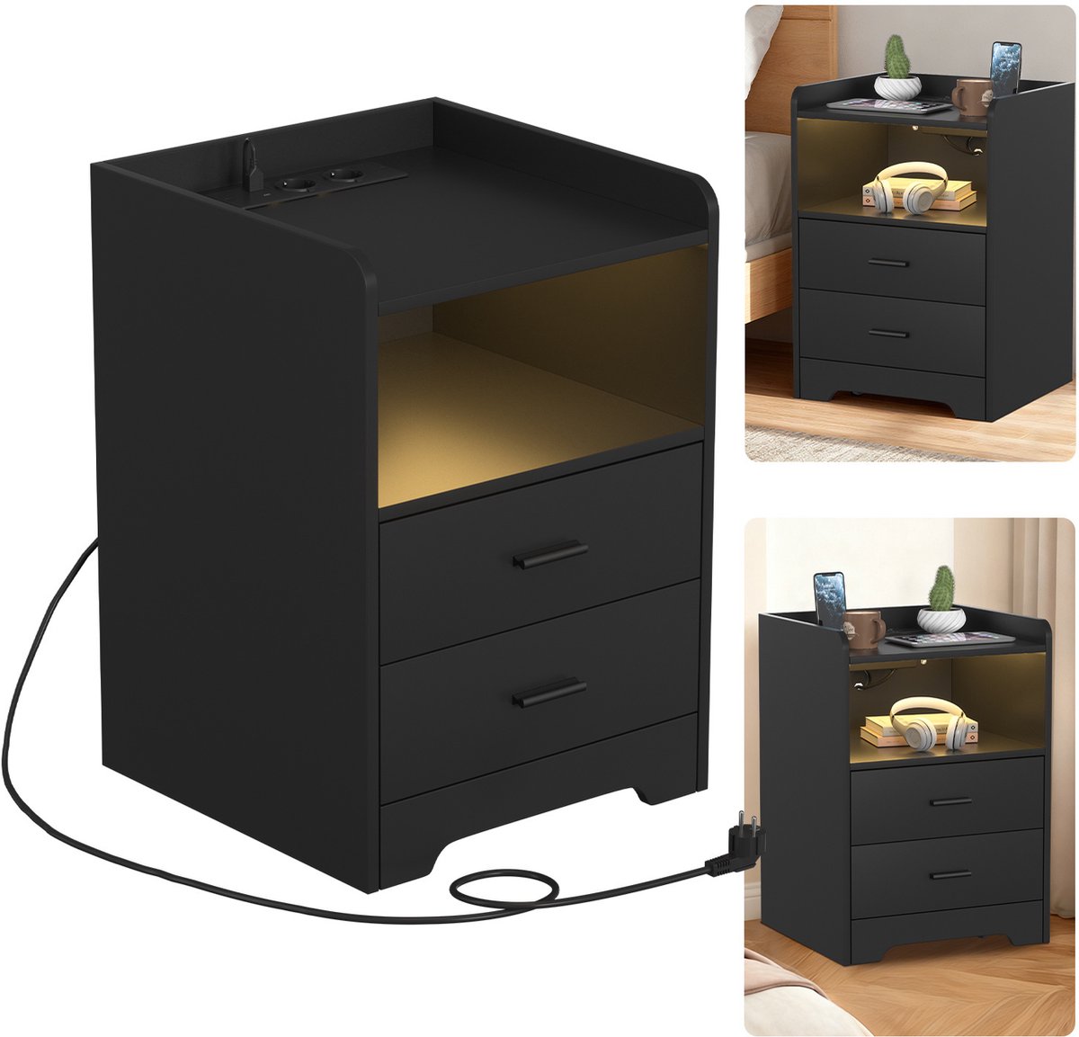 Nachtkastje, met instelbare veelkleurige ledstrip, 2 lades, bijzettafel in moderne stijl,