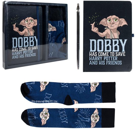 Dobby cadeau set met notitieboek, pen en blauwe sokken met Dobby print.