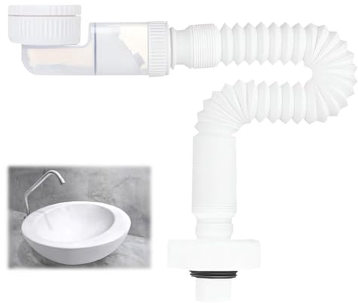 Ruimtebesparende 1 1/4 inch Sifon met Flexibele Afvoerslang en 360° Instelling