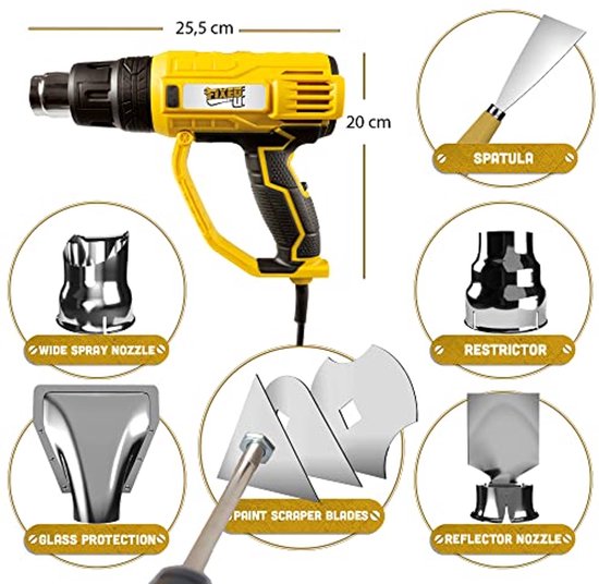 EBERTH Thermisch Pistool, heteluchtpistool, elektrisch 2000W, LCD-display, instelbare temperatuur tussen 80°C en maximaal 600°C, thermisch pistool met koffer, 4 spatels en 4 mondstukken, Professioneel