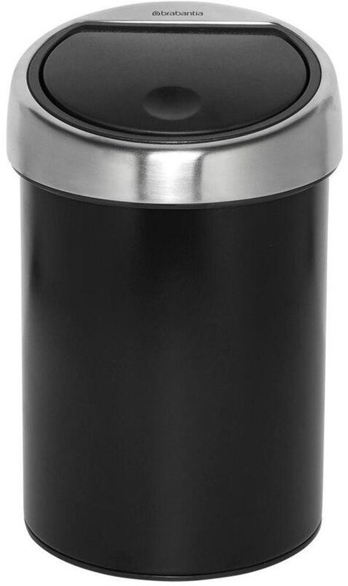 Zwarte Brabantia prullenbak met mat stalen deksel en gesloten klep.