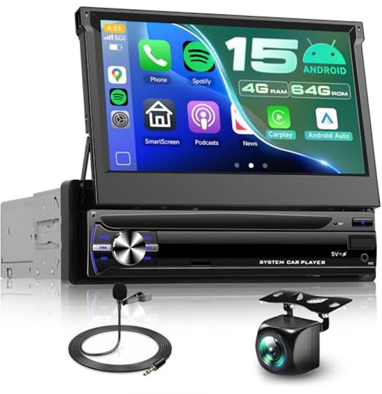 Car Radio 1 Din Wireless Apple Carplay with Android Auto Bluetooth, 6.8 inch Single-Din Touch Screen Car Radio with Mirror Link AUX/USB/FM Radio EQ SWC Rear Camera Remote Control MIC