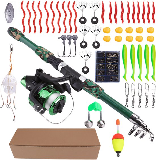 Milerong Kit Canne à Pêche Télescopique Enfant 150 Cm - Avec Moulinet Spincast, 50m Ligne, Leurres Et Sac - Cadeau Débutant Garçon/fille Kit Pêche Débutant Complet