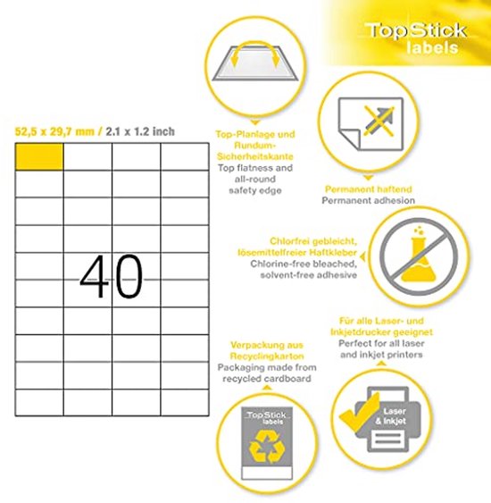 Printation Stickerpapier A4 – 4000 Etiketten (52,5x29,7 Mm) Zelfklevend, Bedrukbaar Voor Laser En Inkjet, 100 Vellen, Ideaal Voor Barcode, Adres En FBA-labels